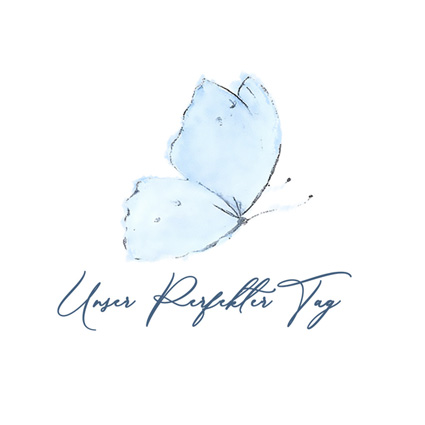Logo: Ein hellblauer, ede,l dezenter Schmetterling mit deinem geschwungen eleganten Schriftzug darunter ''Unser Perfekter Tag''